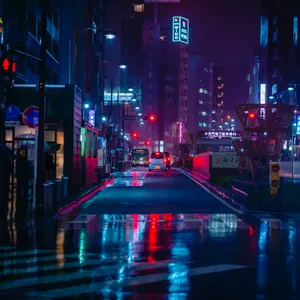 A wet Tokyo street at night